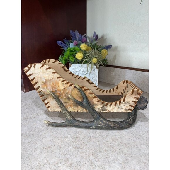Rustic Handmade Antler & Birch Wood Decorative Sleigh Centerpiece 12.5"x6"x4.25" - Picture 7 of 7